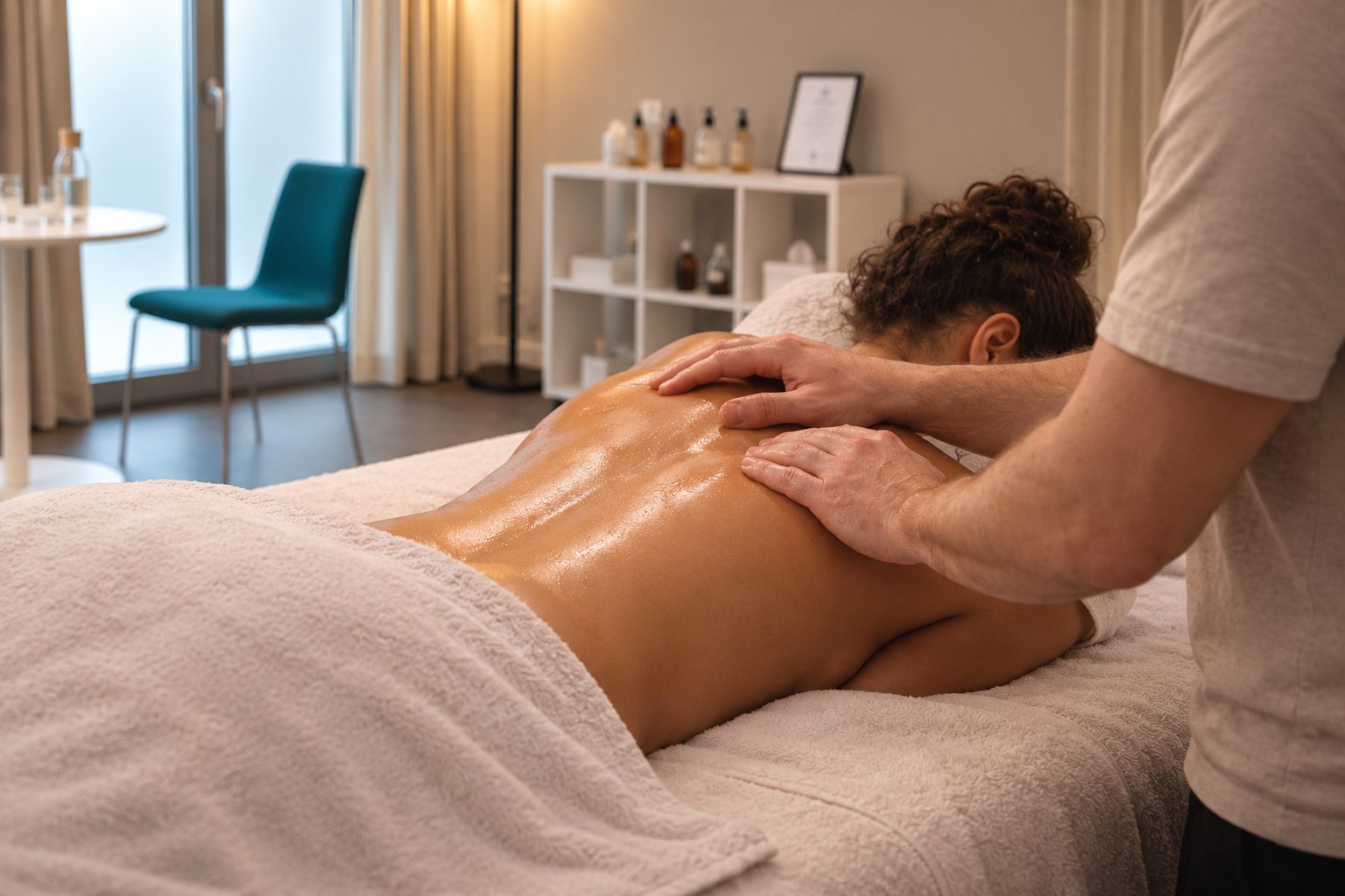 Aromaölmassage im Lichthafen Lindau mit warmem Massageöl und entspannenden Massagegriffen am Rücken