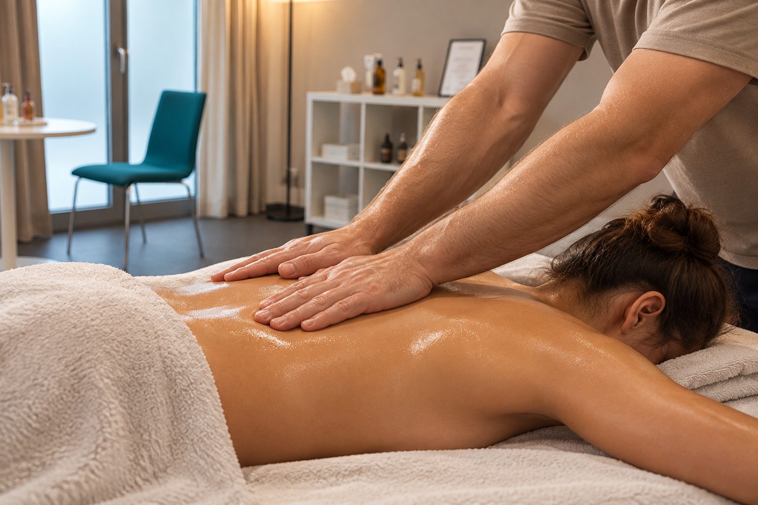 Lomi-Lomi-Nui-Massage im Lichthafen Lindau mit warmem Massageöl und fließenden Massagegriffen am Rücken