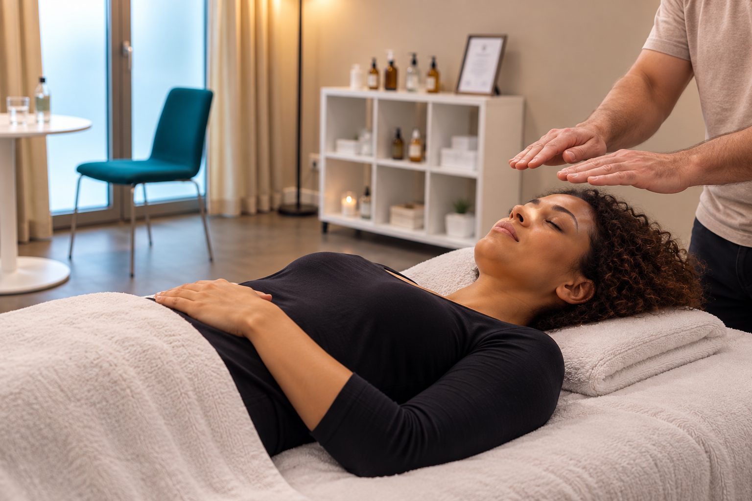 Reiki-Anwendung im Lichthafen Lindau mit sanftem Auflegen der Hände zur Entspannung und zum Wohlbefinden