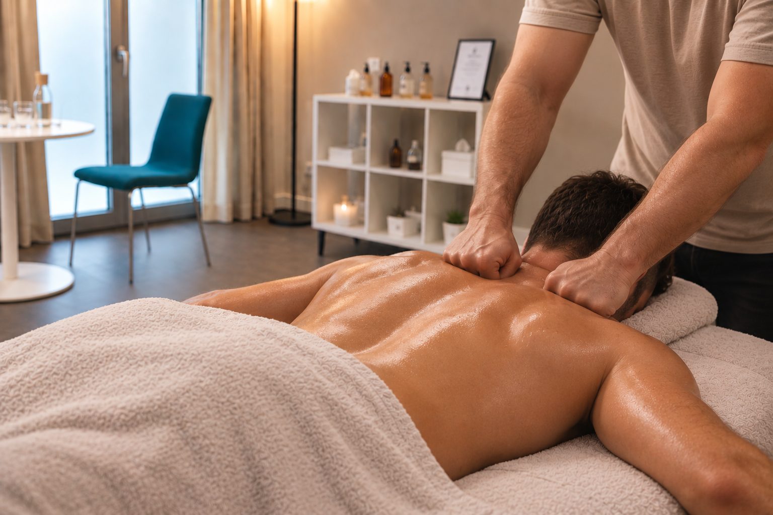 Tiefengewebemassage im Lichthafen Lindau mit kräftigen und gezielten Massagegriffen am Rücken
